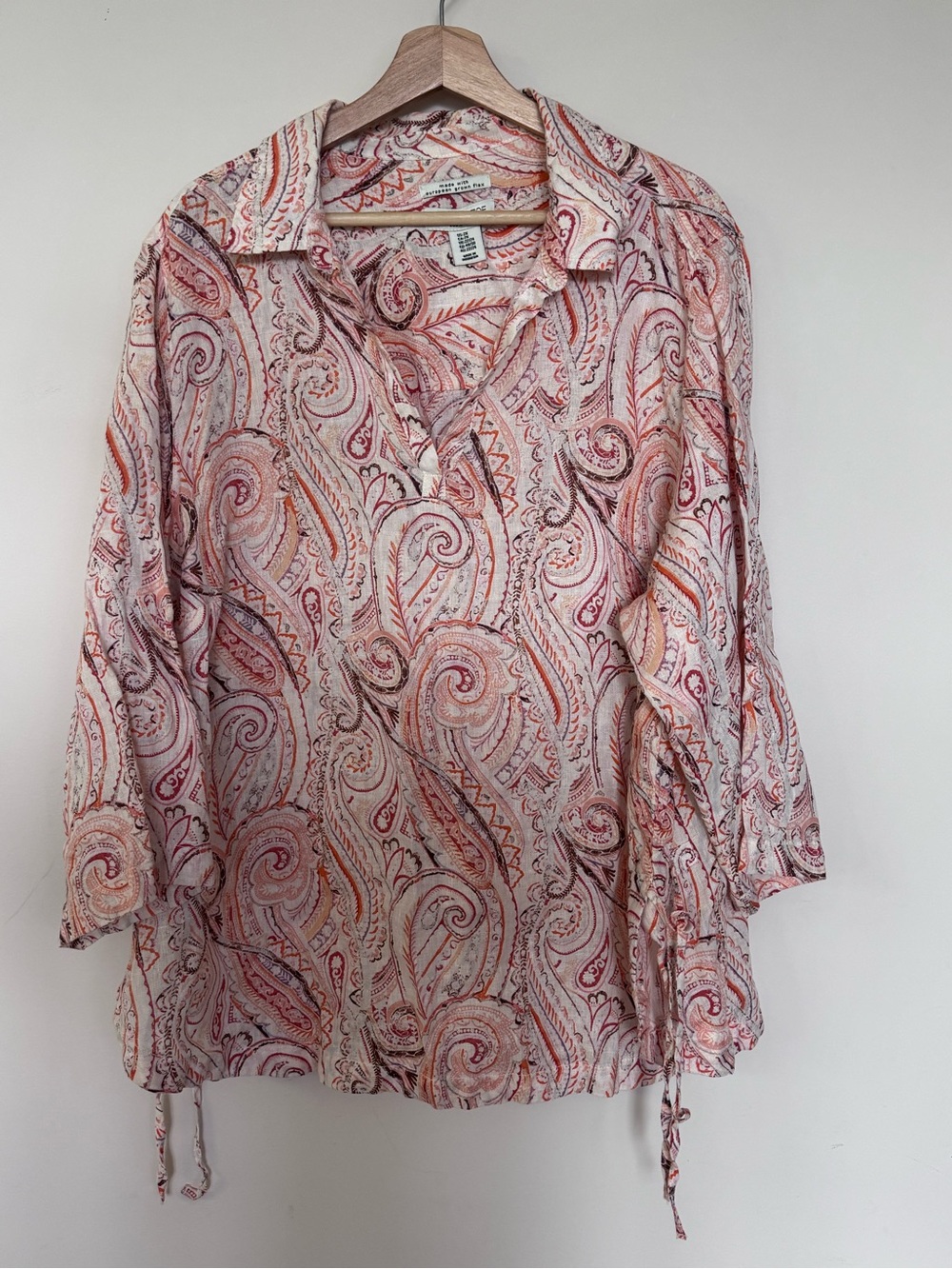 Rachel Zoe Paisley Split-Neck Premium Linen Top in Cream & Pink Size Size 2XL